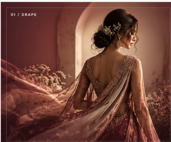Editorial illustration of a celebrity-inspired Indian designer outfit